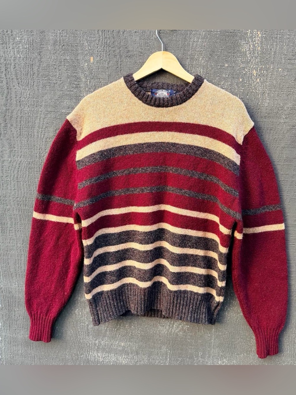 Vitg 80’s Scottish wool knit striped crewneck sweater in burgundy, cream & gray